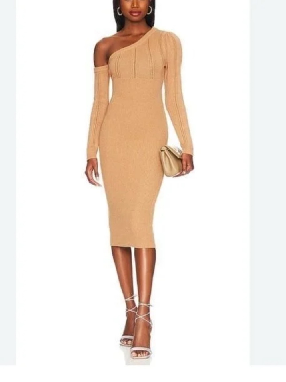 Majorelle Landau Sweater Midi Dress XS Camel Tan One Shoulder Ribbed Knit Bodyco